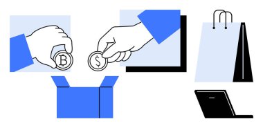 Bilgisayar ve alışveriş çantasıyla birlikte bir kutunun üzerinde para ve para değiş tokuşu yapan eller. E-ticaret, çevrimiçi alışveriş, kripto para birimi, dijital işlemler, ödeme sistemleri, perakende satış için ideal