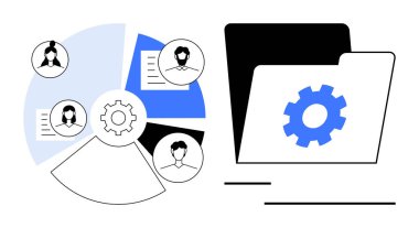 Bir dosya dizini içinde takım üyelerini ve profillerini gösteren bölümlerin yer aldığı bir pasta grafiği. Takım çalışması, veri organizasyonu, görev yönetimi, otomasyon, iş akışı, insan kaynakları işbirliği için ideal. Düz basit