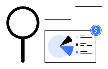 Veri analiz detayları ve dolar simgesiyle pasta grafiğine odaklanan büyüteç. Finans, veri araştırması, pazarlama, rapor oluşturma, yatırım, iş analizleri için ideal, düz basit metafor