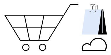 Minimum el arabası, alışveriş poşetleri ve e-ticareti, online alışverişi, veri depolamayı ve dijital perakendeciyi sembolize eden bulut elemanı. Perakende, teknoloji, çevrimiçi pazar bulut hesaplama lojistiği için ideal