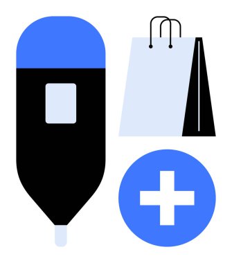 Tıbbi cihaz, alışveriş çantası ve sağlık hizmetleri, teletıp ve e-ticareti sembolize ediyor. Sağlık hizmetleri perakendecisi, dijital sağlık, eczanenin sağlığı için ideal