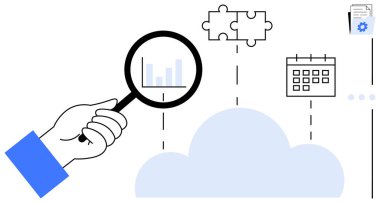 Büyüteçle el bulut üzerindeki verileri inceler. Özellikler bulmaca parçası, takvim, belgeler. Bulut hesaplama, analiz, planlama, üretkenlik, işbirliği organizasyonu entegrasyonu için ideal