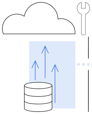 Bulut altyapısı veri tabanı yığını, yükselen mavi oklar, anahtar ve ayarlar. Teknoloji, veri transferi, veritabanı yönetimi, bulut hesaplaması, bilişim bakım sistemi için ideal