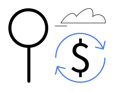 Büyüteç teftişi, bulutlar, dolar işaretleri dairesel oklarla çevrili. Analiz, arama, bulut hesaplama, finans, ekonomik süreç dijital yenilik için idealdir. Düz basit metafor