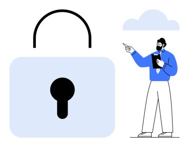 Profesyonel olarak güvenlik ve mahremiyeti temsil eden büyük bir asma kilidi işaret ediyor. Veri koruması, siber güvenlik, teknoloji, mahremiyet, iş, eğitim ve güvenlik konuları için ideal. Düz