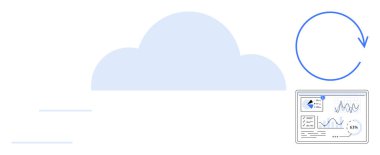 Soyut mavi bulut, senkronize ok sembolü ve analitik gösterge paneli büyüme eğilimlerini ve ölçümleri görselleştiriyor. Bulut teknolojisi, veri senkronizasyonu, analitik, otomasyon, çevrimiçi depolama için ideal