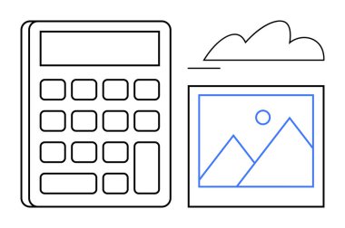 Bir bulut arkaplanına göre çerçevelenmiş görüntü ile birlikte hesaplayıcı, teknolojiyi, hesaplamaları, depolamayı ve yaratıcılığı sembolize ediyor. Üretkenlik, veri, iş, eğitim bulutu finans dairesi için ideal