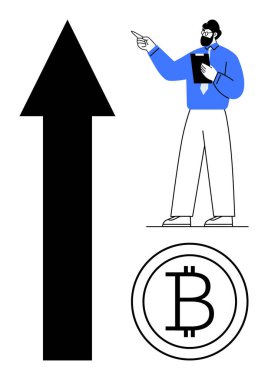 Yukarıya bakan ok ve Bitcoin logosunun yanında kripto para birimini temsil eden panosu olan bir adam. Mali ilerleme, kripto para birimi, engelleme zinciri, teknoloji eğilimleri, yatırım, başarı için ideal