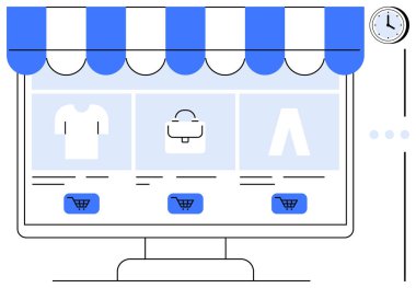 Renkli mağaza vitrinleri bilgisayar eşyalar ve alışveriş arabasının düğmelerini kapsıyor. E-ticaret, perakende satış, dijital pazarlama, kullanıcı deneyimi, müşteri yolculuğu, küresel ticaret, düz satış