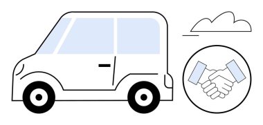 Small car beside handshake in a circle and a cloud in the background. Ideal for car sharing, environmental impact, sustainability, mobility solutions, partnerships, community, teamwork. Flat simple clipart