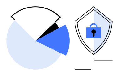 Kalkanın yanında asma kilit sembolü olan bir veri dağılımını gösteren pasta grafiği. Veri koruması, siber güvenlik, güvenlik bilgileri, mahremiyet, risk yönetimi, güvenlik analizi, tehdit için ideal