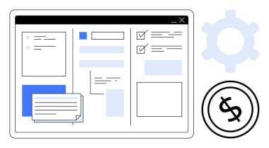 Görevleri, mesaj kutuları, kontrol listeleri, dişli ve dolar işareti simgeleri olan gösterge paneli. Üretkenlik, finans, organizasyon, otomasyon iş akışı proje yönetim araçları için idealdir. Düz