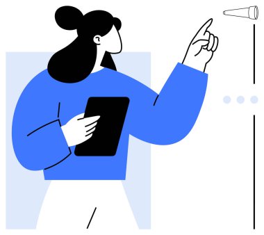 Bir kadın elinde tablet tutarken tek eliyle bir hedefi işaret ediyor. Liderlik için ideal, planlama, teknoloji, eğitim, karar verme, yenilik, iletişim, düz basit metafor