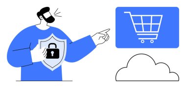 Buluttaki alışveriş arabası ikonuna bakarken elinde kilit sembollü bir kalkan tutan adam. E-ticaret, siber güvenlik, bulut teknolojisi, veri koruması, internet güvenliği, çevrimiçi mahremiyet için ideal
