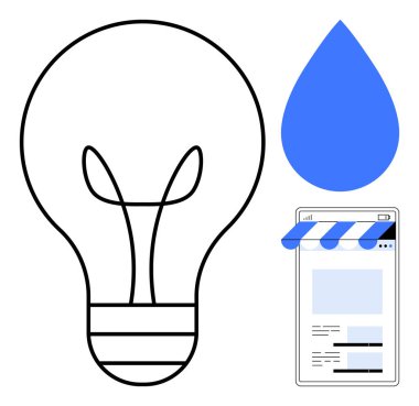 Ampul fikirleri temsil eder, tazeliği sembolize eden mavi bir damlacık ve çevrimiçi mağaza önü konseptiyle. Ticari yenilik, teknoloji, yaratıcılık, ticaret, sürdürülebilirlik, pazarlama için ideal