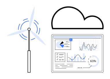 Analitik gösterge panelinin yanında rüzgar türbini bulut gösterimi altında grafikler, çizelgeler ve veri eğilimlerini gösteriyor. Yenilenebilir enerji, bulut hesaplama, sürdürülebilirlik, teknoloji, veri analizi için ideal
