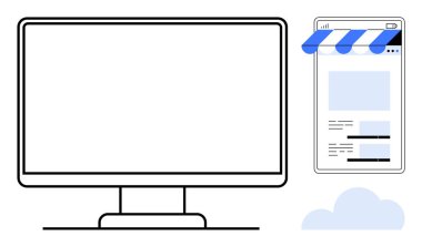 Masaüstü ekran ve akıllı telefon güneşlik temalı çevrimiçi mağaza görüntüleme. E-ticaret, çevrimiçi alışveriş, teknoloji, web geliştirme, bulut bilgisayarı, iş, perakende. Çok basit.