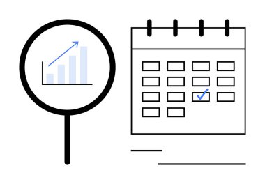 Üzerinde tarih yazan takvimin yanında yükselme eğilimi olan bir bar tablosuna odaklanan büyüteç. Planlama, zamanlama, verimlilik, veri analizi, büyüme stratejisi, zaman yönetimi, daire