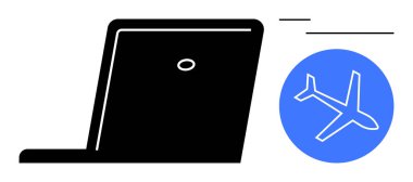 Uzaktan uçuş rezervasyonunu, seyahat planlama ve dijital bilet satışını sembolize eden mavi uçak ikonlu siyah laptop. Teknoloji, seyahat, e-ticaret, iletişim, havacılık, verimlilik için ideal