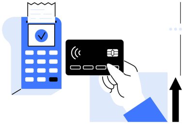 Faturalı ödeme terminalinin yanındaki el ele tutuşma kartı. Finans, alışveriş, dijital işlem, perakende, bankacılık, teknoloji, nakitsiz konsept için idealdir. Düz basit metafor