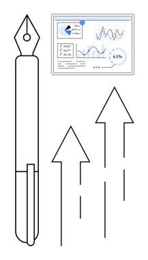 Yaratıcılığı sembolize eden dolmakalem, ilerleme için yukarı doğru oklar ve veri içgörüsü için analitik gösterge paneli. Büyüme, yenilik, strateji, analitik, yaratıcılık, üretkenlik sektörü için ideal
