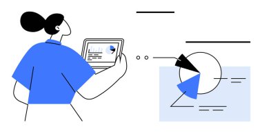 Tabletteki analizleri pasta grafiği ve grafikle inceleyen bir kadın. Veri analizi, iş çözümleri, finans, istatistik, takım çalışması, öğrenme ve yenilik için ideal. Düz basit metafor
