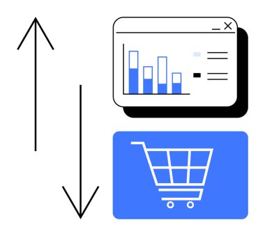 Yukarı ve aşağı yönlü oklar ve alışveriş arabaları büyüme eğilimlerini, veri analizini ve e-ticareti betimlemektedir. İş, teknoloji, perakende, analitik, pazarlama, satış stratejisi için ideal