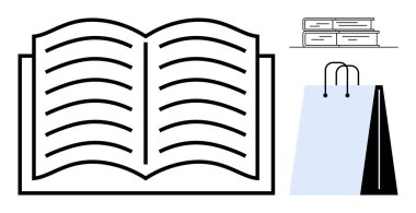 Görünür metin satırları, bir yığın kitap ve bir alışveriş çantası olan açık bir kitap. Eğitim, okuma, edebiyat, öğrenim, bilgi paylaşımı için idealdir. Düz basit metafor