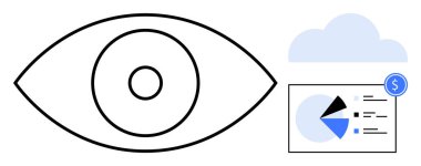 Pasta grafiği, bulut grafiği ve küçük dolar ikonu ile veri görselleştirmesi yanında büyük göz tasarımı. Analiz, finans, veri izleme, bulut hesaplama, pazarlama güvenlik vizyonu için idealdir. Düz