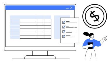 Bilgisayar ekranında bir hesap tablosu, tamamlanmış görevleri olan kontrol listesi dolar işareti grafiği, kendine güvenen profesyonel bir kadın. Finans, üretkenlik, yönetim ve planlama için ideal