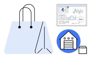 Alışveriş çantası, analitik gösterge paneli ölçümleri ve depo binası. E-ticaret, lojistik, perakende, veri analizi, nakliye deposu otomasyonu için ideal. Basit düz metafor
