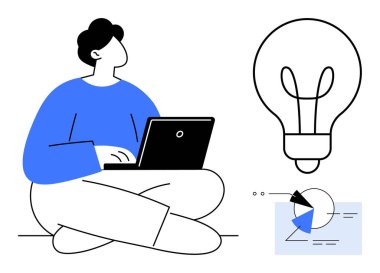 Dizüstü bilgisayardaki yazılar yaratıcılığı ve problem çözmeyi temsil ediyor. Yakın ampul fikirleri sembolize eder ve veri tablosu analizi vurgular. Teknoloji, beyin fırtınası ve eğitim için ideal.