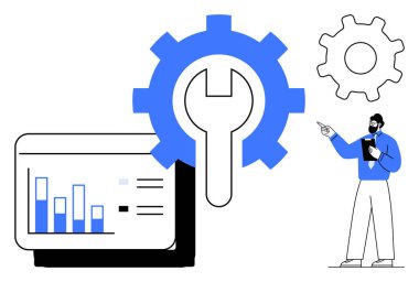 Büyük teçhizat ve bar çizelgesinin yanında ingiliz anahtarı, tabletin üstünde analitik gösterge paneli, kavrayışları tartışan adam. İş araçları, strateji, sorun çözme, bakım, mekanik, teknik destek ekip çalışması için ideal