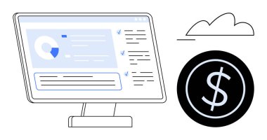 Masaüstü monitörü finansal verileri çizelgeler, kontrol listeleri ve bulut hatlarının yanında bir dolar işareti ile gösteriyor. Finans, analitik, iş stratejisi, tasarruf, ekonomi ve çevrimiçi hizmetler için ideal