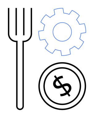 Bir dişli ve bir dolarlık madeni paranın yanında çatal yemek, endüstri ve finansal bağlantıları simgeliyor. Ekonomi, üretkenlik, iş kültürü, yatırım sürdürülebilirliği, ticari yenilik için idealdir. Düz