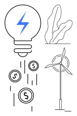 Mavi yıldırımlı ampul, rüzgar türbini, enerji tasarruflarını gösteren düşen paralar ve eko-dostluk için yapraklar. Verimlilik, ekolojik gelecek, sürdürülebilirlik, yeşil teknoloji ve yenilik için ideal