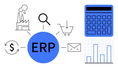 Merkezi bağlantı fabrikasında ERP, büyüteç, alışveriş arabası, posta kutusu, dolar, hesap makinesi, çizelge. İş otomasyonu, kaynak yönetimi veri entegrasyonu zinciri analizleri için ideal