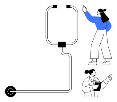 İki kadını birbirine bağlayan sıvı tüp, biri kendinden emin bir şekilde hareket eden diğeri ise elinde bir not panosuyla laboratuvar önlüğü olan. Takım çalışması, sağlık planlaması, strateji, sağlık, eğitim, organizasyon için ideal