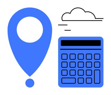 Mavi lokasyon iğnesi, dijital hesap makinesi ve minimum bulut formları. Seyrüsefer, maliyet tahmini, SaaS planlama, lojistik, veri çözümleri seyahat bütçesi ve bulut ekonomisi için idealdir. Düz basit