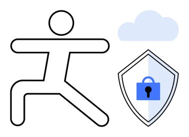 Savaşçı yogasında sopa figürü bir kalkanın yanında bir kilit sembolü ve bir bulutla poz veriyor. Dijital güvenlik, veri koruması, farkındalık, esneklik, güvenlik, bulut hesaplama, denge kavramları için ideal