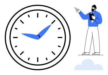 Mavi elli dev bir analog saat elinde bir pano tutan ve ileriye bakan bir adamın yanında. Zaman yönetimi, liderlik, organizasyon, verimlilik, strateji, verimlilik ve planlama için ideal. Temiz