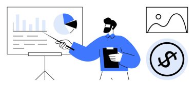 Profesyonel grafikler, pasta grafikleri, finansal dolar ikonu ve işaret kullanan bir manzara grafiği. Ticaret, pazarlama, finans, analiz, sunum planlama koçluğu için idealdir. Düz