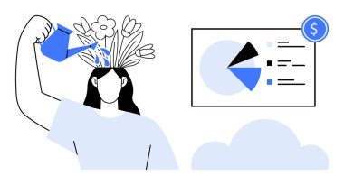 Başında çiçek açan bir kadın, büyüdüğünü gösteriyor. Bitişik pasta grafiği analizi, ilerlemeyi ve yatırımı sembolize eder. Eğitim, kişisel bakım, finans, farkındalık analitik büyüme için ideal