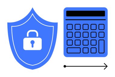 Hesap makinesinin yanında kilit sembolü olan bir kalkan, okla bağlanmış. Finans, siber güvenlik, veri koruması, şifreleme, güvenli hesaplamalar, dijital güvenlik gizliliği için ideal. Düz basit metafor
