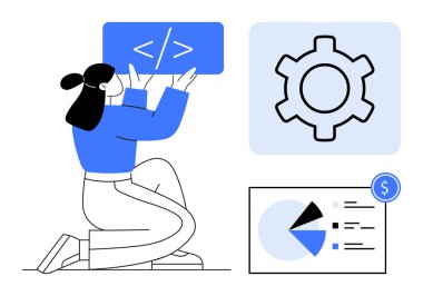 Kod ekranı olan kişi, işlem optimizasyonu için vites sembolü, finansal verileri olan pasta grafiği. Teknoloji, yazılım, geliştirme, yenilik, analitik programlama verimliliği için ideal. Düz