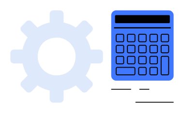 Mavi hesap makinesi dişli çarkın yanında hesaplama, planlama ve optimizasyon için araç ve süreçleri sembolize eder. Finans, bütçe, otomasyon, analitik, mühendislik, verimlilik için ideal