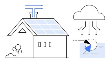 Enerji tasarruflu panelleri olan güneş enerjili ev, veri paylaşımı için bulut bağlantısı ve analitik. Teknoloji, sürdürülebilirlik, enerji, yenilik, veriler ve çevre dostu yaşam için idealdir. Düz