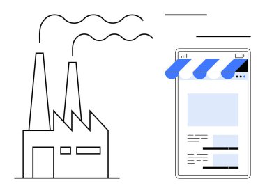 Mobil vitrinin yanında bacaları olan bir fabrika. E-ticaret, dijital iş, endüstriyel evrim, çevrimiçi pazar yerleri, teknoloji değişimleri, ticaret, yenilik temaları için idealdir. Düz basit