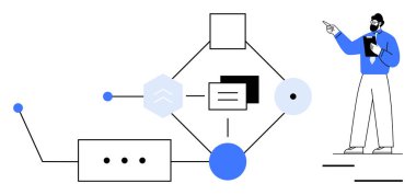 Birbirine bağlı geometrik elementleri çizgiler ve noktalarla sunan adam soyut iş akışını açıklıyor. Takım çalışması, analiz, eğitim, strateji, yenilik, problem çözme, sade