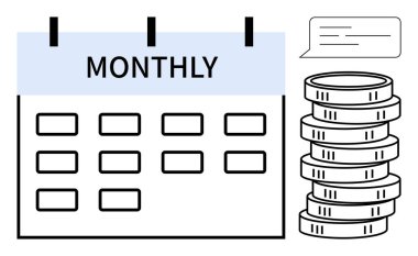 Yığınla para ve mesaj baloncuğunun yanı sıra, yinelenen ödemeler, planlanan tasarruflar veya mali hedefleri temsil eden aylık takvim işaretlendi. Bütçe yönetimi, tasarruf, abonelik planları, maliyet